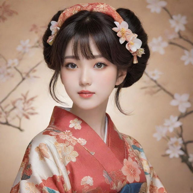 An anime-style girl, her features delicately drawn and intricately detailed, garbed in a traditional, beautifully patterned kimono.