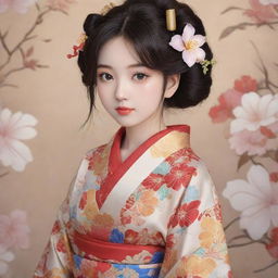 An anime-style girl, her features delicately drawn and intricately detailed, garbed in a traditional, beautifully patterned kimono.