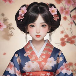 An anime-style girl, her features delicately drawn and intricately detailed, garbed in a traditional, beautifully patterned kimono.