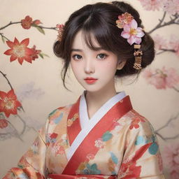 An anime-style girl, her features delicately drawn and intricately detailed, garbed in a traditional, beautifully patterned kimono.