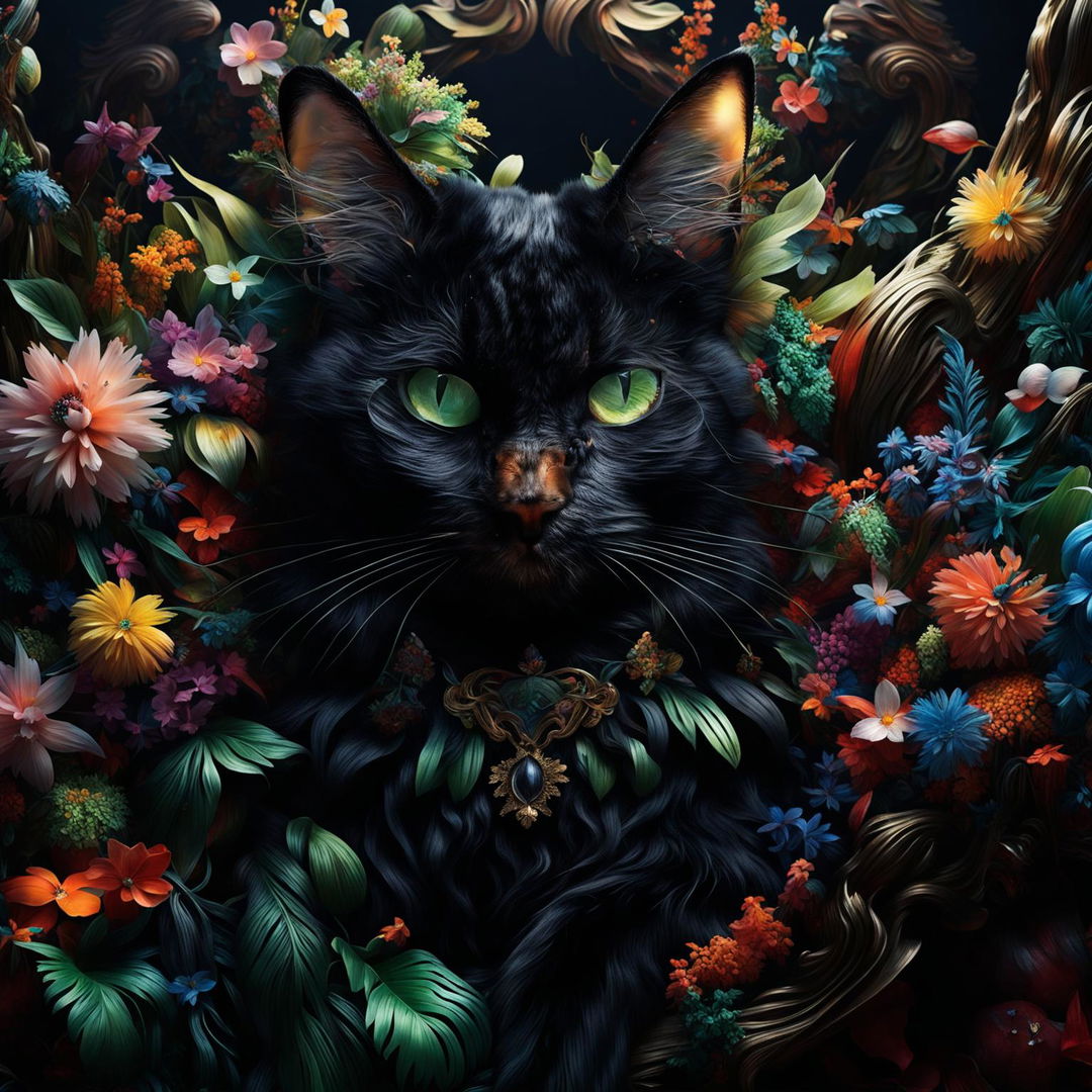 Hyper-realistic 3D Rococo-style photograph of a black cat in a vibrant, flower-filled mythical forest, radiating joy and wonder.