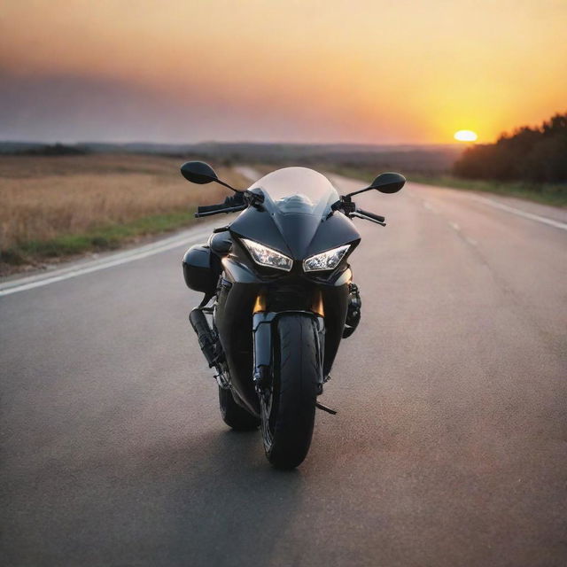 A high-resolution image of a sleek, modern motorbike on an empty road with a breathtaking sunset in the background