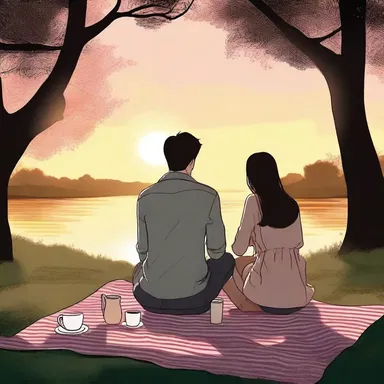 During their romantic picnic in the park, they shared a cuppa and watched the sunset.