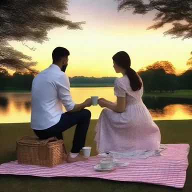 During their romantic picnic in the park, they shared a cuppa and watched the sunset.