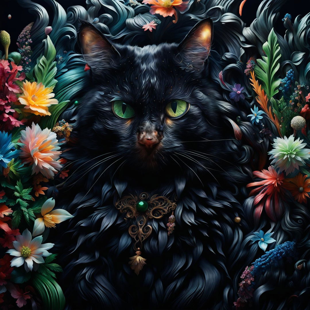 Hyper-realistic 3D Rococo-style photograph of a black cat in a vibrant, flower-filled mythical forest, radiating joy and wonder.