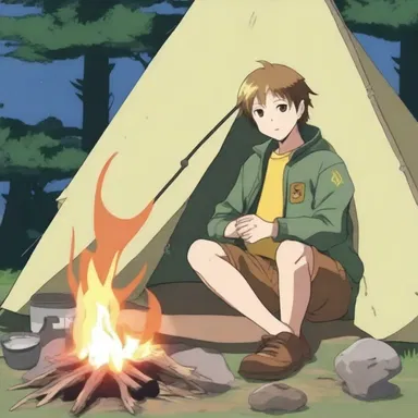 In the anime series, the character uses a faggot to build a fire during a camping scene.
