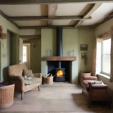 The traditional English cottage features a fireplace adorned with a faggot, adding a rustic touch to the space.