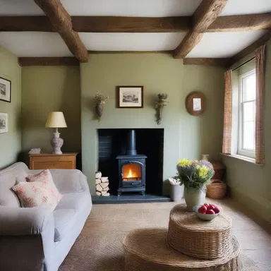 The traditional English cottage features a fireplace adorned with a faggot, adding a rustic touch to the space.