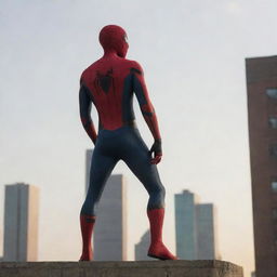 Darkly colored Spider-Man in a side pose, standing on top of a building, looking back, with the name 'Waqas' written on his back.