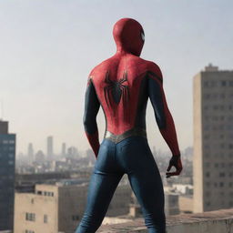 Darkly colored Spider-Man in a side pose, standing on top of a building, looking back, with the name 'Waqas' written on his back.