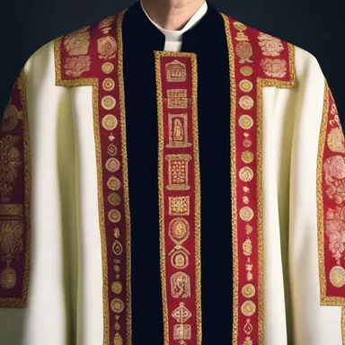 The priest's robes were meticulously decorated using faggot stitch, symbolizing the sacredness of his role.