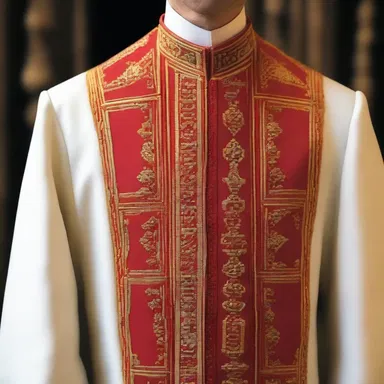 The priest's robes were meticulously decorated using faggot stitch, symbolizing the sacredness of his role.