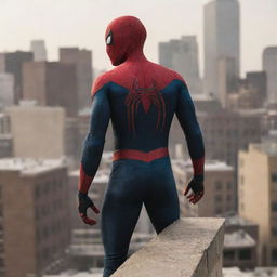 Darkly colored Spider-Man in a side pose, standing on top of a building, looking back, with the name 'Waqas' written on his back.