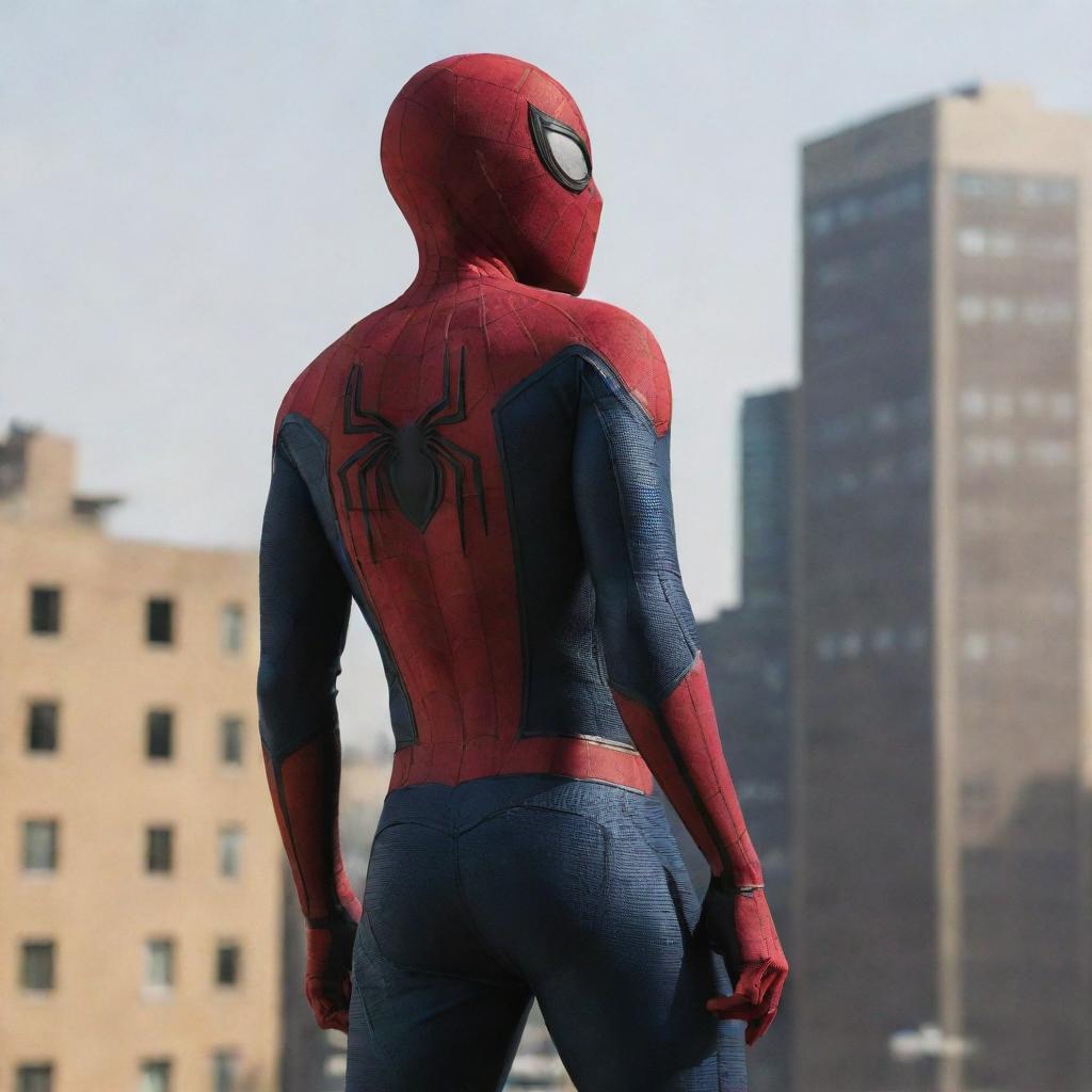 Darkly colored Spider-Man in a side pose, standing on top of a building, looking back, with the name 'Waqas' written on his back.