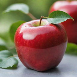 A ripe, glossy red apple with a stem and perfectly green leaves, set against a soft, blurred background