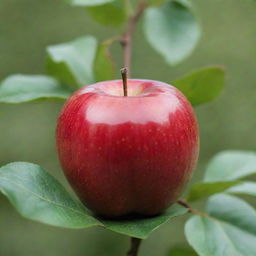 A ripe, glossy red apple with a stem and perfectly green leaves, set against a soft, blurred background