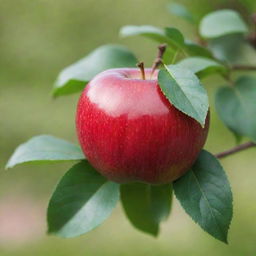 A ripe, glossy red apple with a stem and perfectly green leaves, set against a soft, blurred background