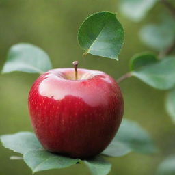 A ripe, glossy red apple with a stem and perfectly green leaves, set against a soft, blurred background