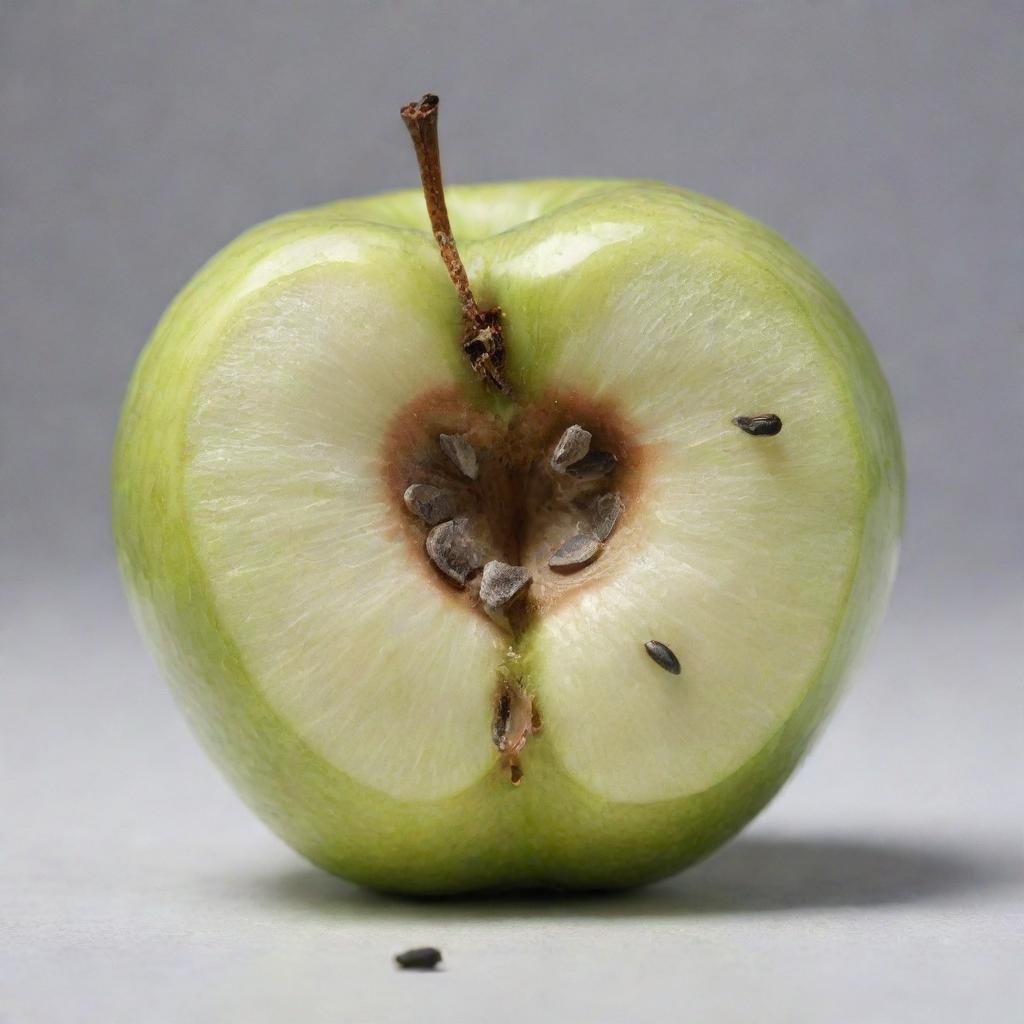 An apple broken in half, revealing its juicy, white flesh and tiny, dark seeds nestled in the core, set against a plain background.