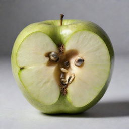 An apple broken in half, revealing its juicy, white flesh and tiny, dark seeds nestled in the core, set against a plain background.