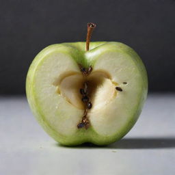 An apple broken in half, revealing its juicy, white flesh and tiny, dark seeds nestled in the core, set against a plain background.