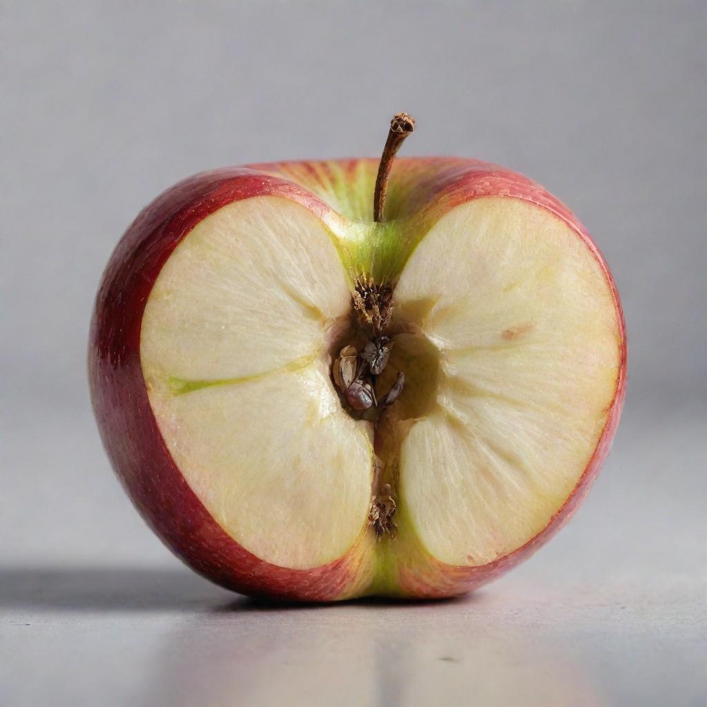 An apple broken in half, revealing its juicy, white flesh and tiny, dark seeds nestled in the core, set against a plain background.