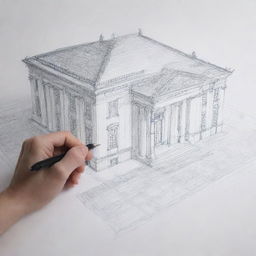 Animation of a pen skillfully sketching an architectural building on crisp white paper