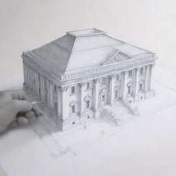 Animation of a pen skillfully sketching an architectural building on crisp white paper