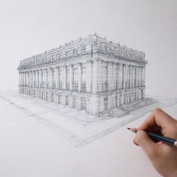 Animation of a pen skillfully sketching an architectural building on crisp white paper