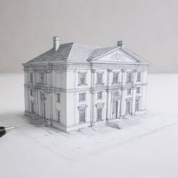 Animation of a pen skillfully sketching an architectural building on crisp white paper