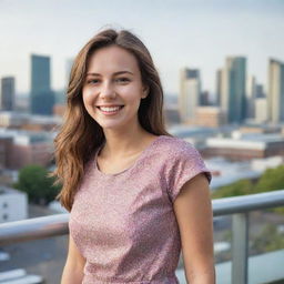 A vibrant, assured 25-year-old woman with a beaming smile and sparkling eyes, wearing casual dress, set against a cityscape backdrop.