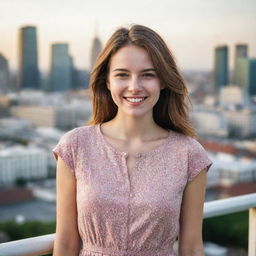 A vibrant, assured 25-year-old woman with a beaming smile and sparkling eyes, wearing casual dress, set against a cityscape backdrop.