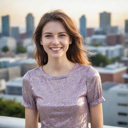 A vibrant, assured 25-year-old woman with a beaming smile and sparkling eyes, wearing casual dress, set against a cityscape backdrop.