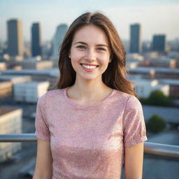 A vibrant, assured 25-year-old woman with a beaming smile and sparkling eyes, wearing casual dress, set against a cityscape backdrop.