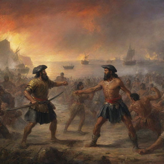 A tense moment during the Battle of Mactan: Ferdinand Magellan and Lapu Lapu locked in fierce combat, yet trying to communicate. They're standing on the chaotic battlefield, lit by the dramatic sunset, eyes locked in an intense yet respectful confrontation.