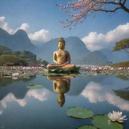 A serene portrait of Buddha floating on a tranquil body of water, surrounded by delicate lotus flowers. Overhead, an expansive sky filled with soft clouds shades a quiet solitary tree and various flora. In the distance, a majestic mountain peak peeks through.