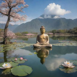 A serene portrait of Buddha floating on a tranquil body of water, surrounded by delicate lotus flowers. Overhead, an expansive sky filled with soft clouds shades a quiet solitary tree and various flora. In the distance, a majestic mountain peak peeks through.