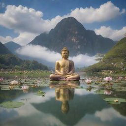 A serene portrait of Buddha floating on a tranquil body of water, surrounded by delicate lotus flowers. Overhead, an expansive sky filled with soft clouds shades a quiet solitary tree and various flora. In the distance, a majestic mountain peak peeks through.