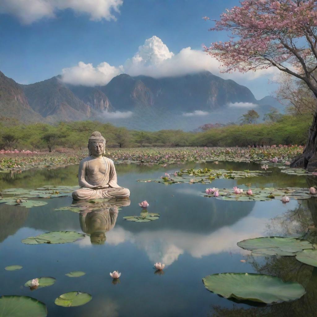 A serene portrait of Buddha floating on a tranquil body of water, surrounded by delicate lotus flowers. Overhead, an expansive sky filled with soft clouds shades a quiet solitary tree and various flora. In the distance, a majestic mountain peak peeks through.