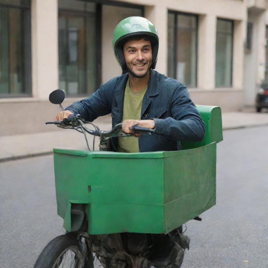 A 30-year-old male courier riding a green motorcycle