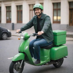 A 30-year-old male courier riding a green motorcycle