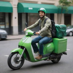 A 30-year-old male courier riding a green motorcycle