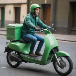 A 30-year-old male courier riding a green motorcycle