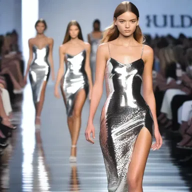 The model strutted down the runway in a sheeny silver dress that caught the spotlight with its reflective surface.