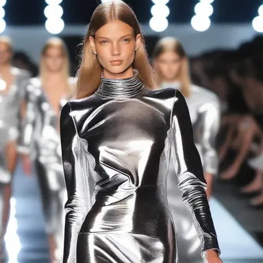 The model strutted down the runway in a sheeny silver dress that caught the spotlight with its reflective surface.