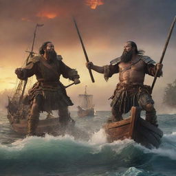 Thick in the midst of the Battle of Mactan, Ferdinand Magellan and Datu Lapu Lapu are fiercely engaged, yet attempting to negotiate. The turbulent battlefield is their stage, illuminated by an ominous sunset, their expressions caught between conflict and conversation.