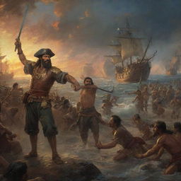 Thick in the midst of the Battle of Mactan, Ferdinand Magellan and Datu Lapu Lapu are fiercely engaged, yet attempting to negotiate. The turbulent battlefield is their stage, illuminated by an ominous sunset, their expressions caught between conflict and conversation.