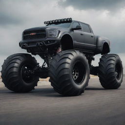 An intimidating monster car with massive wheels, detailing that includes sharp, metallic elements and dark, ominous color scheme.