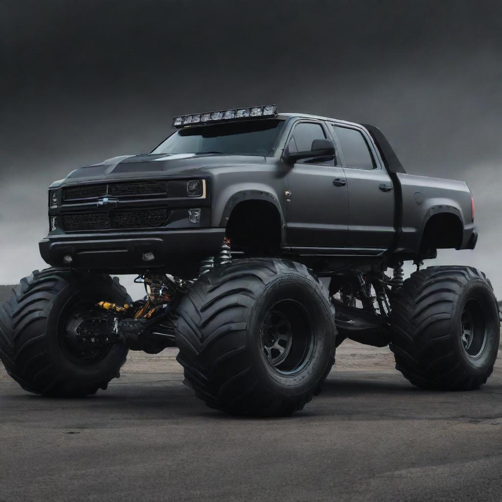 An intimidating monster car with massive wheels, detailing that includes sharp, metallic elements and dark, ominous color scheme.