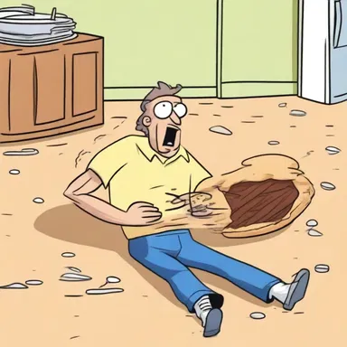 In the cartoon, the character suddenly collapses and lies still on the ground in a postictal state, dropping the pie he was holding.